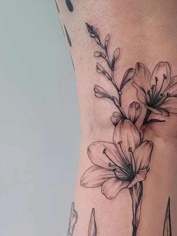 black and grey linework Tatuaggio su knee #47406 | Tatuatore Aija May