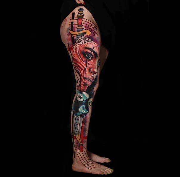 Realism Face, Sword tattoo on Full leg