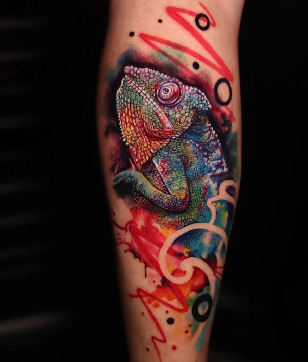 Watercolor Chameleon tattoo on Calf