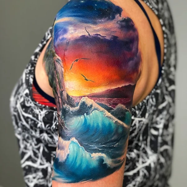 Реализм Ocean, Sunset tattoo на Полный рукав