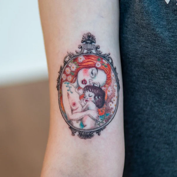 Illustrative Mother, Child tattoo on Forearm