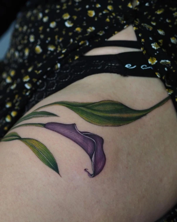 Botanic Flower, Leaf tattoo on Thigh