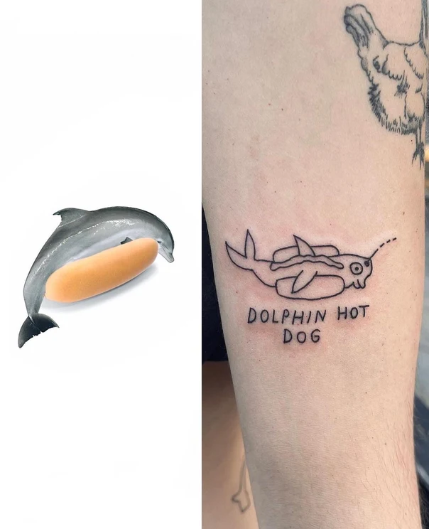 Linework Dolphin, Hot dog tattoo on Forearm