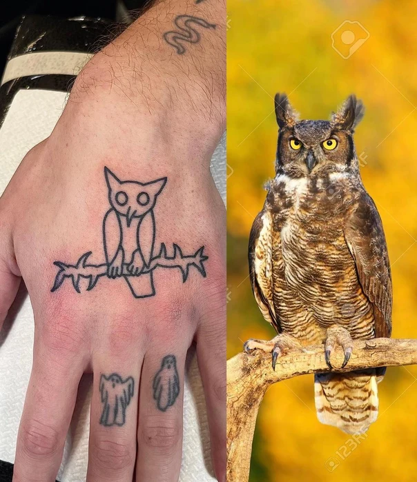 Linework Owl, Branch tattoo on Hand