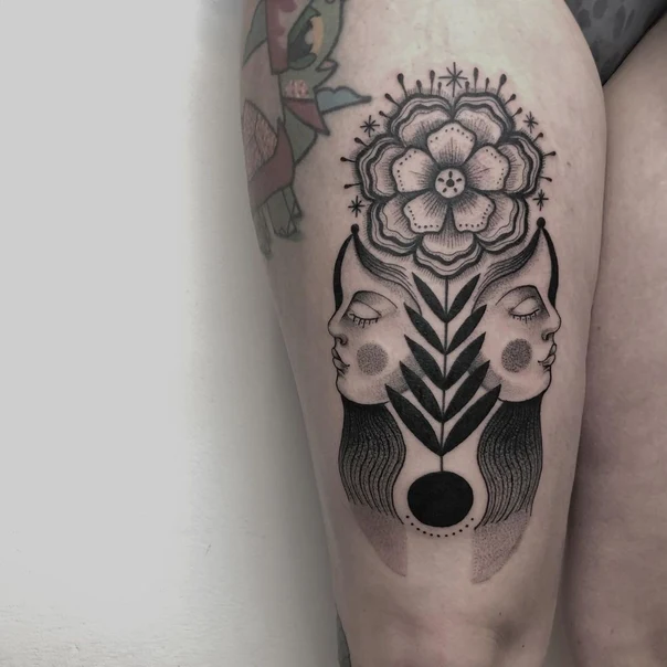 Linework Flower, Faces tattoo on Thigh