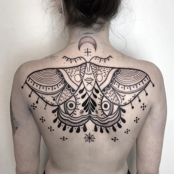 Linework Moth, Mandala tattoo on Upper Back