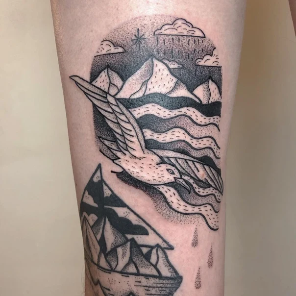 Blackwork Bird, Mountains tattoo on Calf