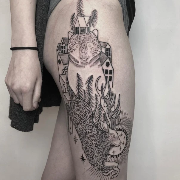 Linework Bear, Deer tattoo on Thigh