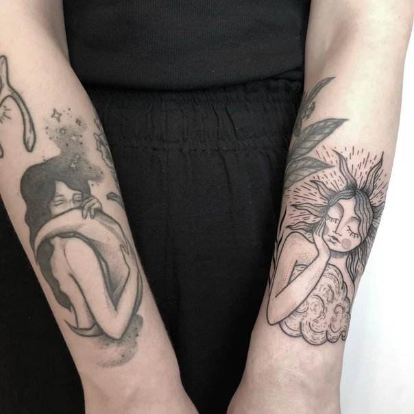 Linework Figure, Sun tattoo on Forearm