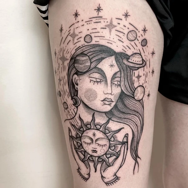 Linework Celestial, Sun tattoo on Thigh