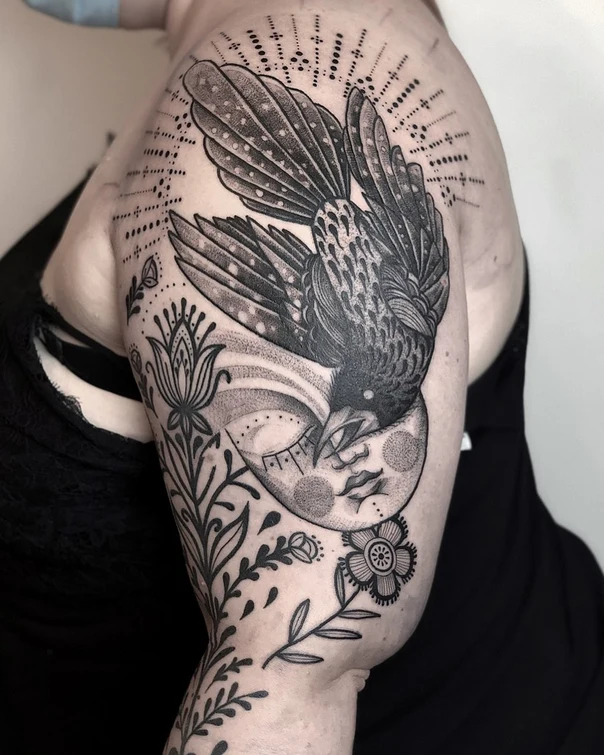 Blackwork Bird, Moon tattoo on Shoulder