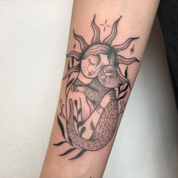 Linework Sun, Cat tattoo on Forearm