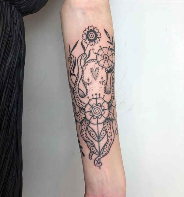 Linework Octopus, Flower tattoo on Forearm