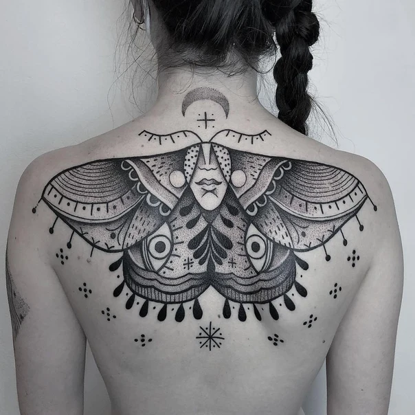 Blackwork Moth, Geometric tattoo on Upper Back