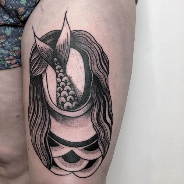 Blackwork Mermaid tattoo on Thigh