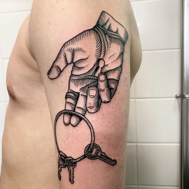 Blackwork Hand, Keys tattoo on Upper Arm