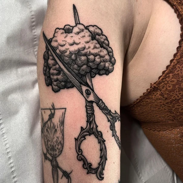 Blackwork Scissors, Cloud tattoo on Forearm