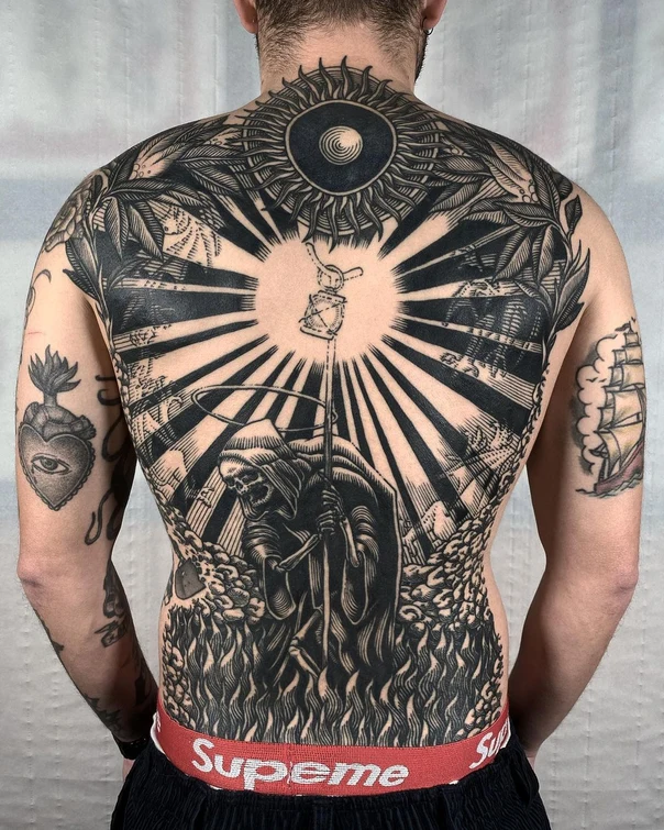 Blackwork Grim reaper, Sun tattoo on Full Back