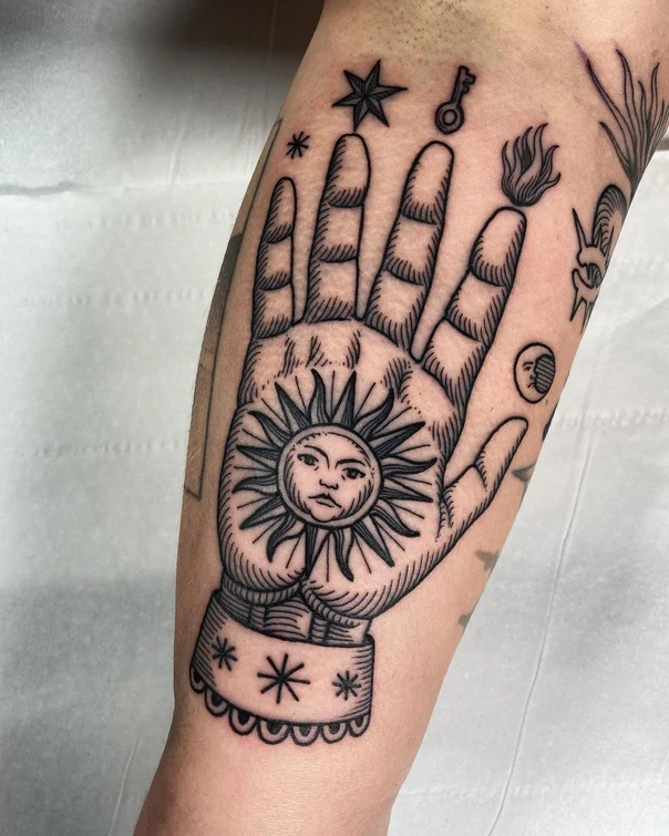 Blackwork Sun, Hand tattoo on Forearm