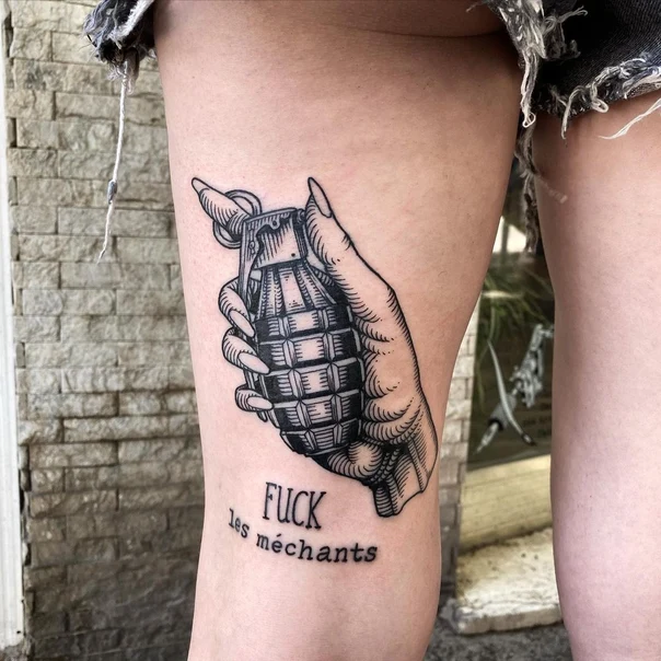 Blackwork Hand, Grenade tattoo on Thigh