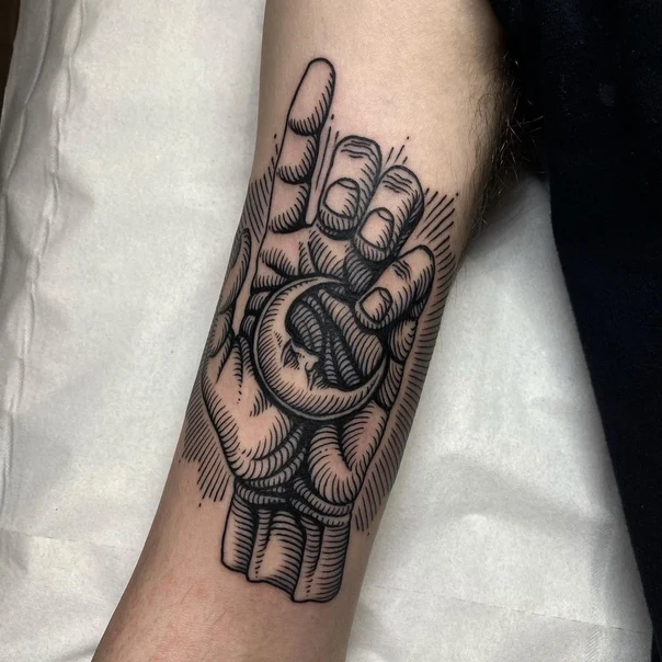 Engraving Hand, Moon tattoo on Forearm