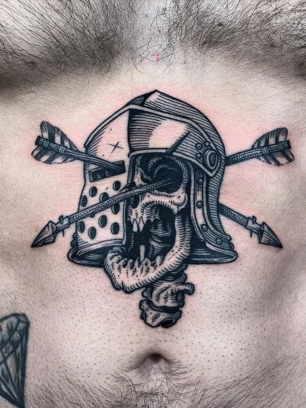 male black and grey blackwork tattoo auf stomach #47815 | Tätowierer Cedric Maquin