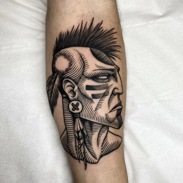 Blackwork Native american, Portrait tattoo on Forearm