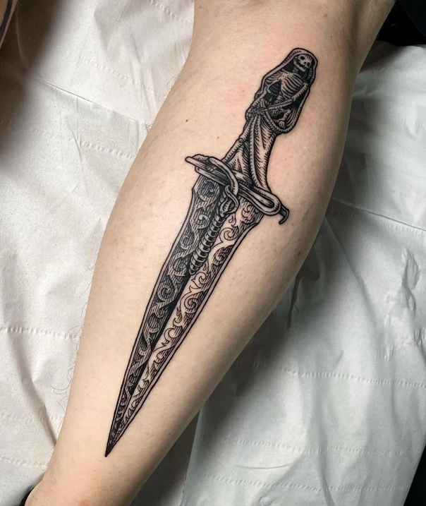 Blackwork Dagger, Skeleton tattoo on Calf