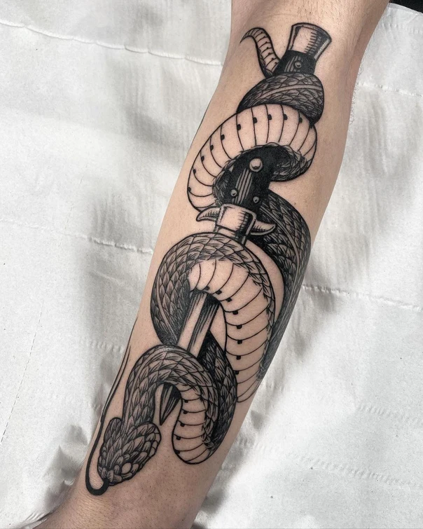 Blackwork Snake, Dagger tattoo on Forearm