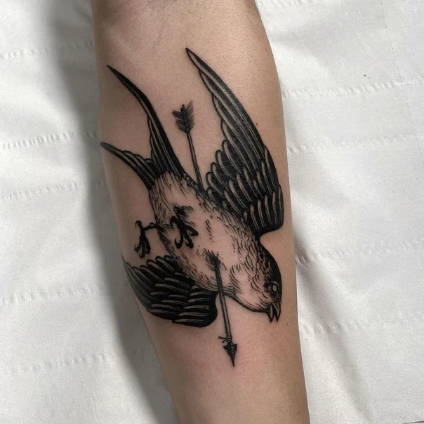 Blackwork Bird, Arrow tattoo on Forearm
