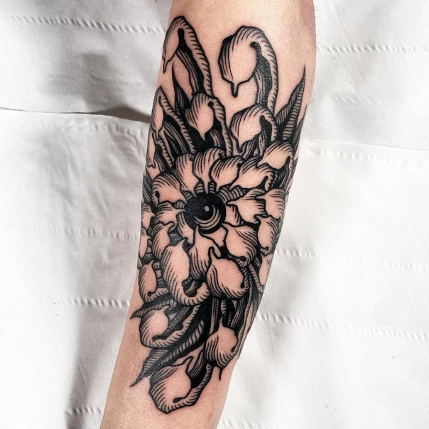 Blackwork Flower, Eye tattoo on Forearm