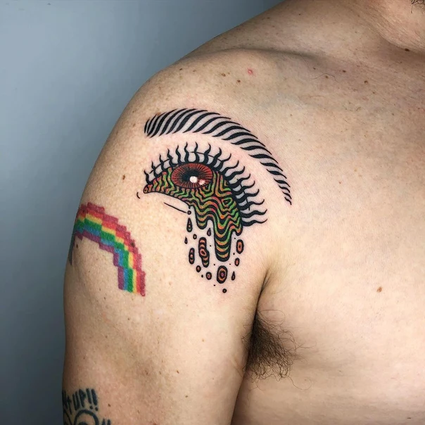 Illustrative Eye, Rainbow tattoo on Shoulder