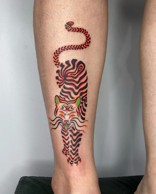 Illustrative Tiger tattoo on Calf