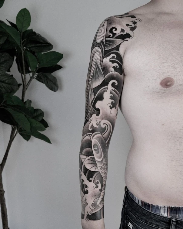 Japanese Koi, Waves tattoo on Full Sleeve