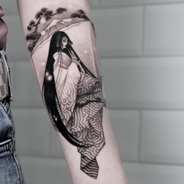 Japanese Geisha, Landscape tattoo on Forearm