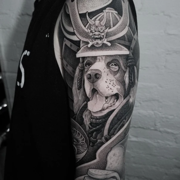 Black & Grey Dog, Samurai tattoo on Upper Arm