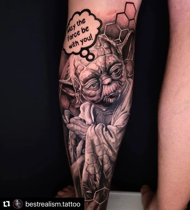 Realism Yoda, Star wars tattoo on Calf