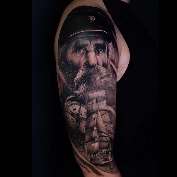 Realism Portrait, Ship tattoo on Full Sleeve