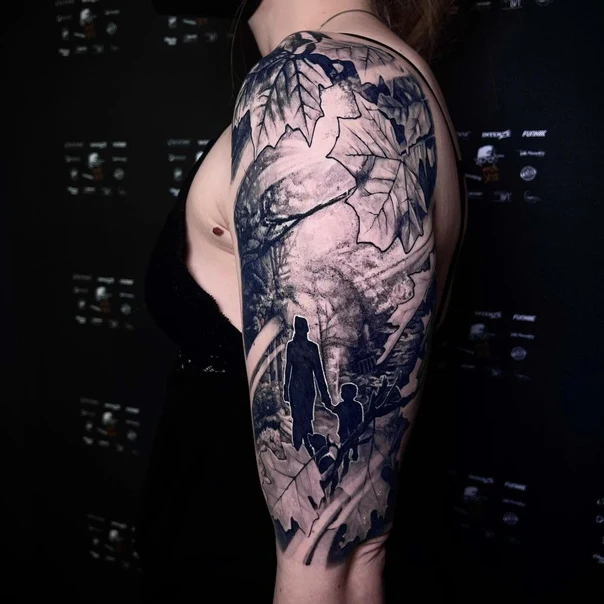 Black & Grey Leaves, Family tattoo on Full Sleeve