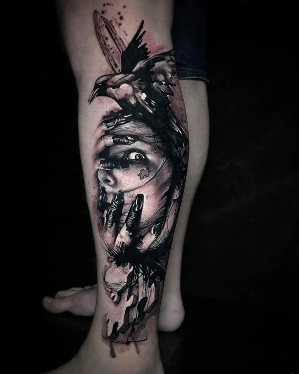 Black & Grey Raven, Face tattoo on Calf