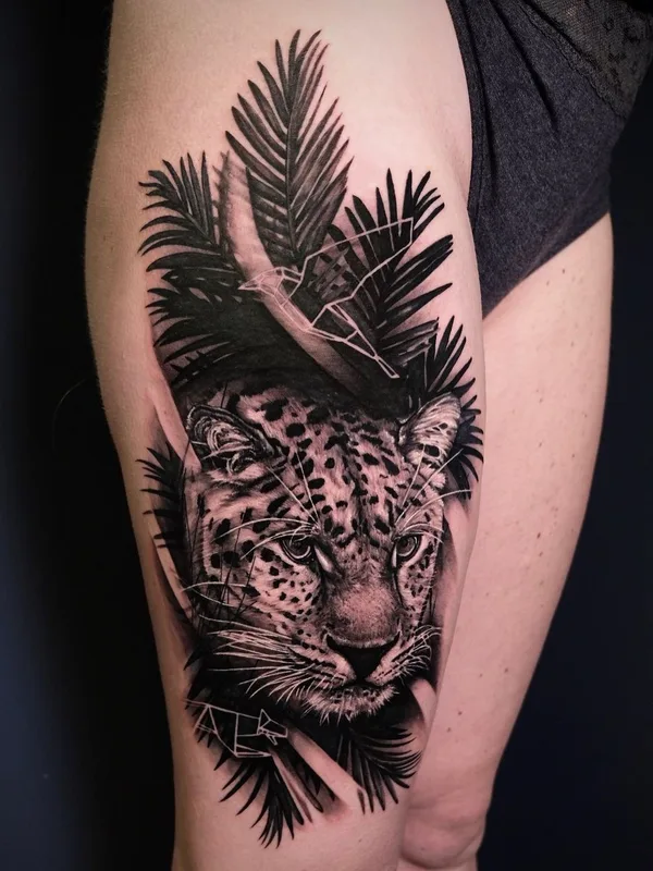 female black and grey black and grey tattoo auf thigh #47927 | Tätowierer Bene Bader