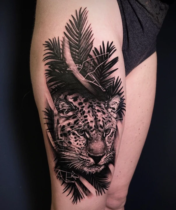 Black & Grey Leopard, Palm leaves tattoo on Thigh