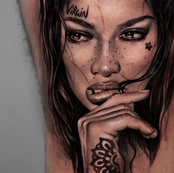 Realism Portrait, Face tattoo on Thigh