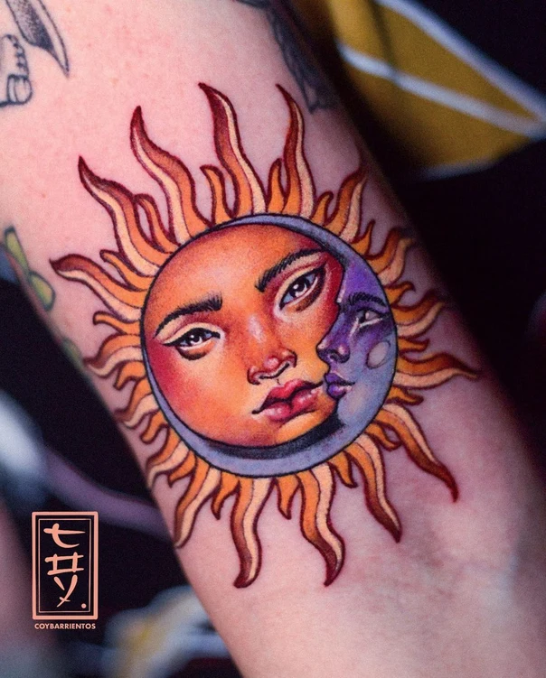 Illustrative Sun, Moon tattoo on Forearm