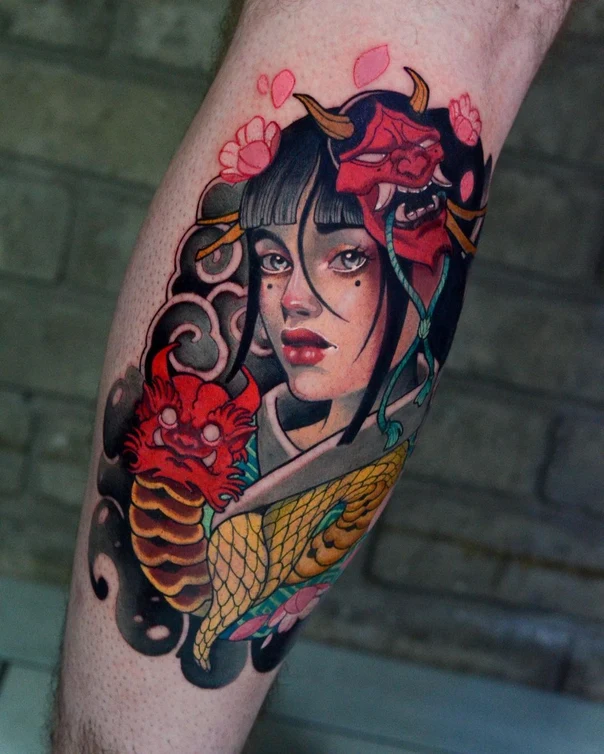 Japanese Geisha, Oni mask tattoo on Calf