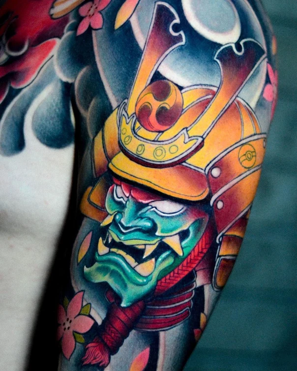 Japanese Samurai, Mask tattoo on Full Sleeve