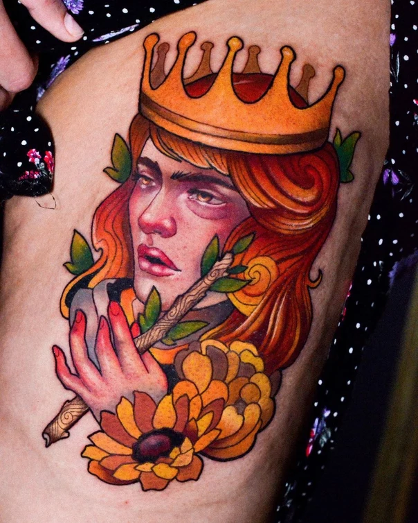 Neo Traditional Portrait, Crown tattoo on Thigh