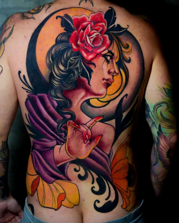 Neo Traditional Woman, Rose tattoo on Full Back