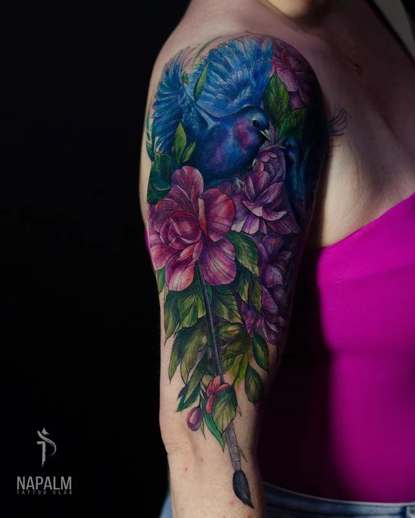 Акварель Bird, Flowers tattoo на Полный рукав
