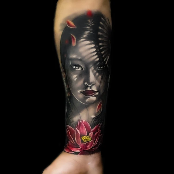 Realism Geisha, Lotus tattoo on Forearm